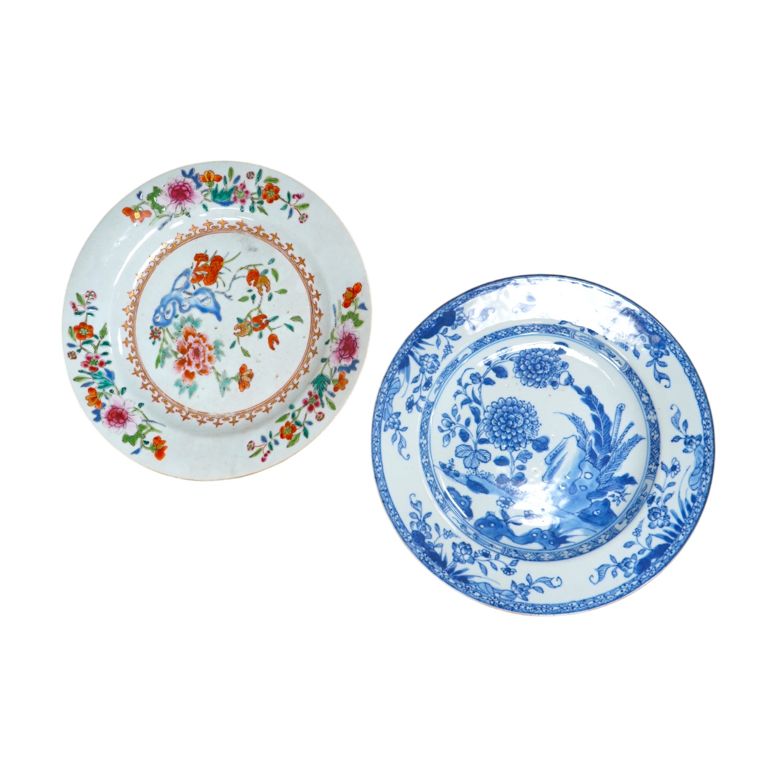 Two 18th century Chinese export plates, one blue and white the other famille rose, largest 23cm diameter. Condition - fair to good